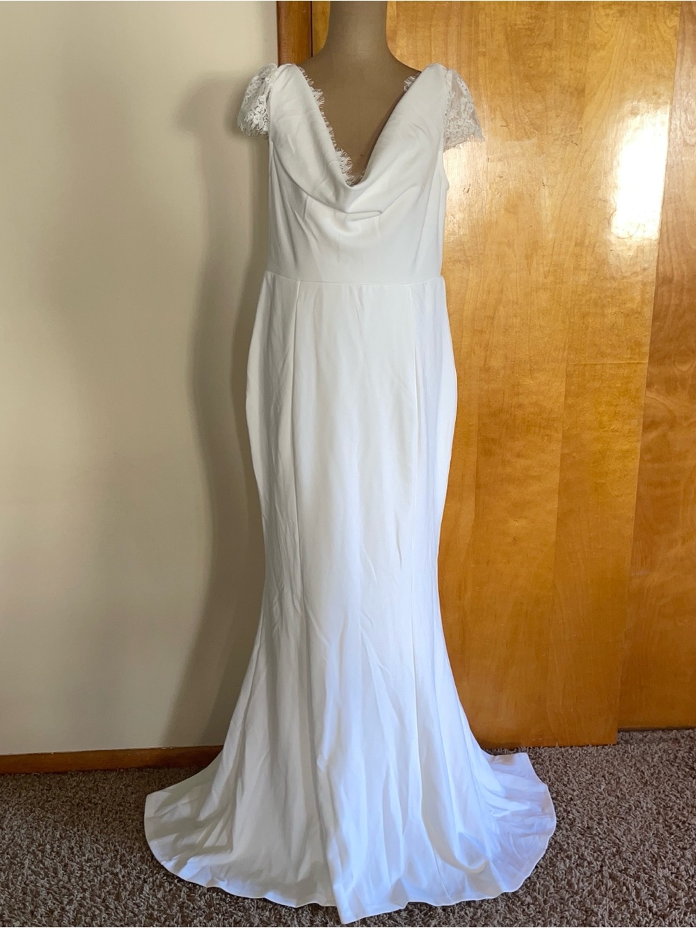 Lulu's White Cowl Neck Wedding Dress with Lace Cap Sleeves